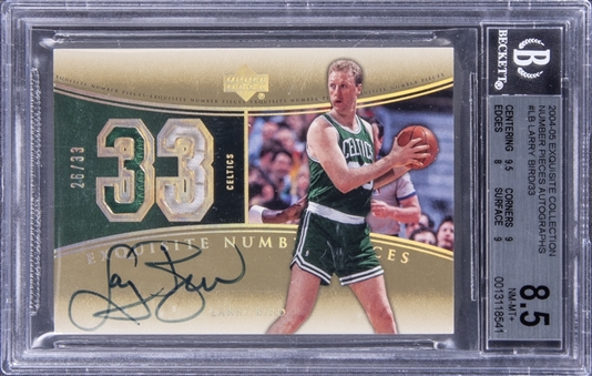 2004-05 UD "Exquisite Collection" Number Pieces Autographs #LB Larry Bird Signed Game Used Patch Card (#26/33) – BGS NM-MT+ 8.5/BGS 9